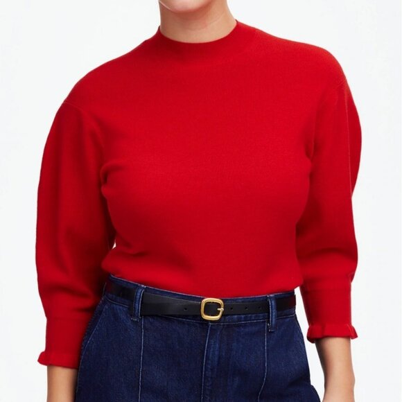 NWT Flawed Madewell Sz XS Red Merino Wool Ruffle Mockneck Sweater Bright Cherry - Picture 1 of 12